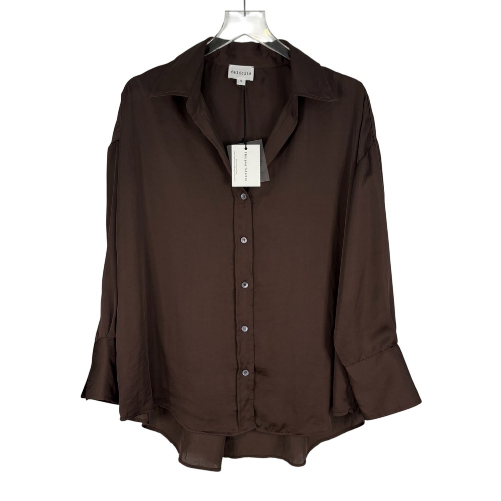 Felicite‎ Brown Satin Button Down Shirt Womens Size XL High Low Made in USA NEW